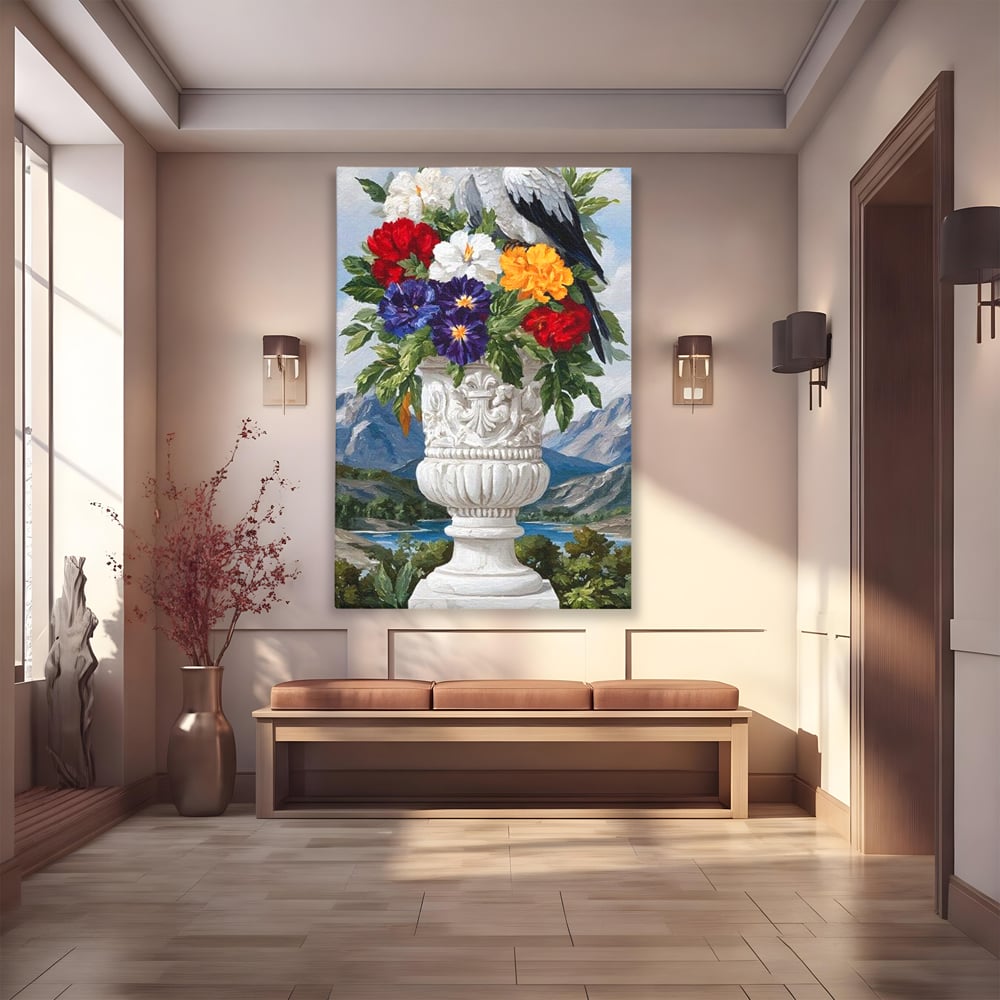 Tablou canvas cu tablou canvas cu papagal si vaza cu flori, fara rama, pe sasiu de lemn